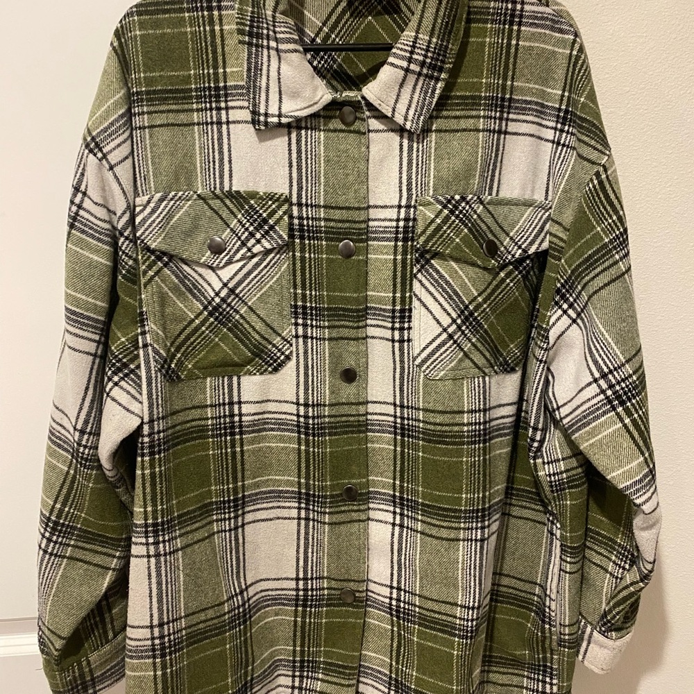 Green and White Plaid Snap Front Shacket